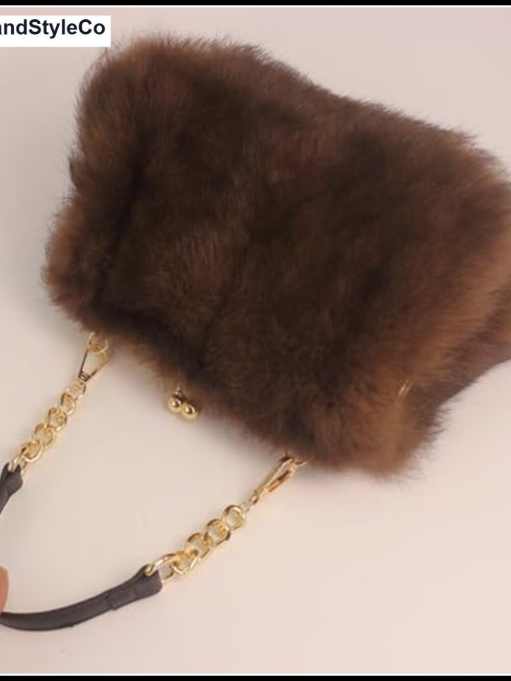 Genuine Rabbit Fur Kisslock Clutch Handbag with Gold-Tone Chain - Picture 2 of 6